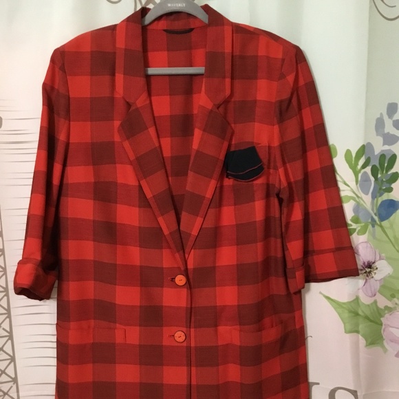 Vintage~90s Red Plaid Blazer Suit Jacket European made Geissler - Picture 2 of 11